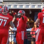 Chris Parson celebrates after scoring a touchdown against Morehead State on September 13, 2025. (Robert Smith, APSU Athletics).