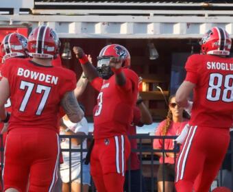 Chris Parson celebrates after scoring a touchdown against Morehead State on September 13, 2025. (Robert Smith, APSU Athletics).