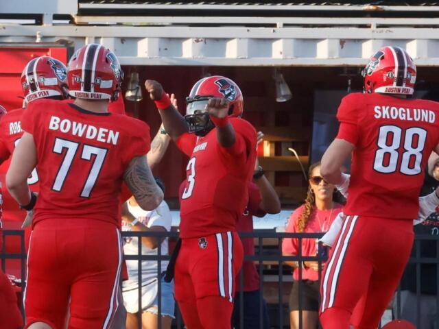 Chris Parson celebrates after scoring a touchdown against Morehead State on September 13, 2025. (Robert Smith, APSU Athletics).