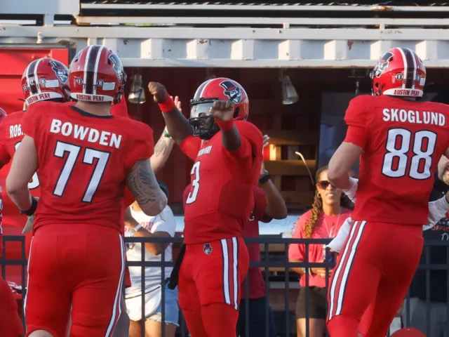 Chris Parson celebrates after scoring a touchdown against Morehead State on September 13, 2025. (Robert Smith, APSU Athletics).