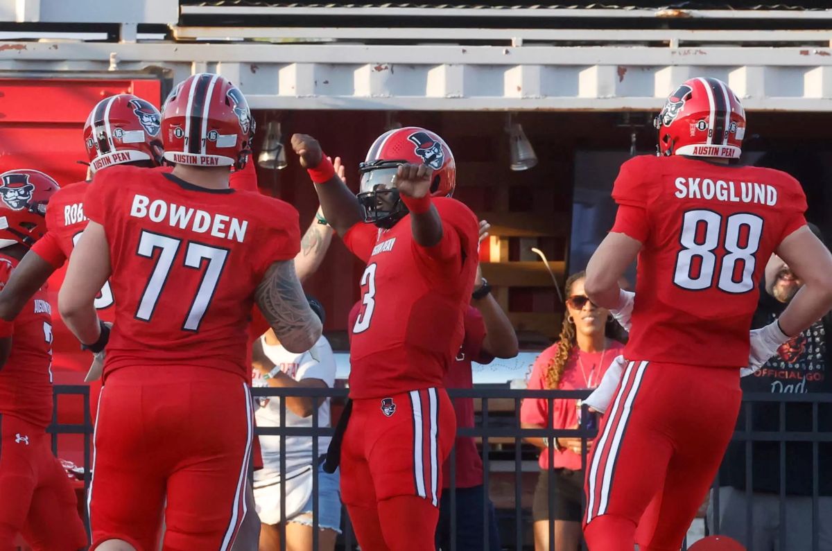Chris Parson celebrates after scoring a touchdown against Morehead State on September 13, 2025. (Robert Smith, APSU Athletics).