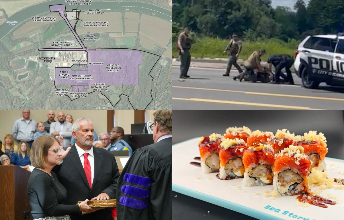 Clockwise from the top left, Crucible Metals, K-9 use in arrest, Sea Story Sushi, Sheriff Mike Oliver sworn in.