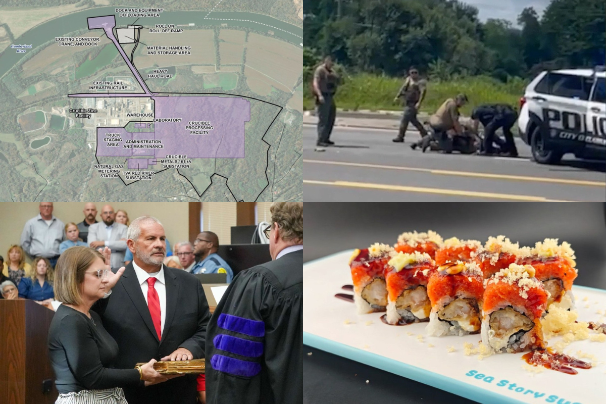 Clockwise from the top left, Crucible Metals, K-9 use in arrest, Sea Story Sushi, Sheriff Mike Oliver sworn in.