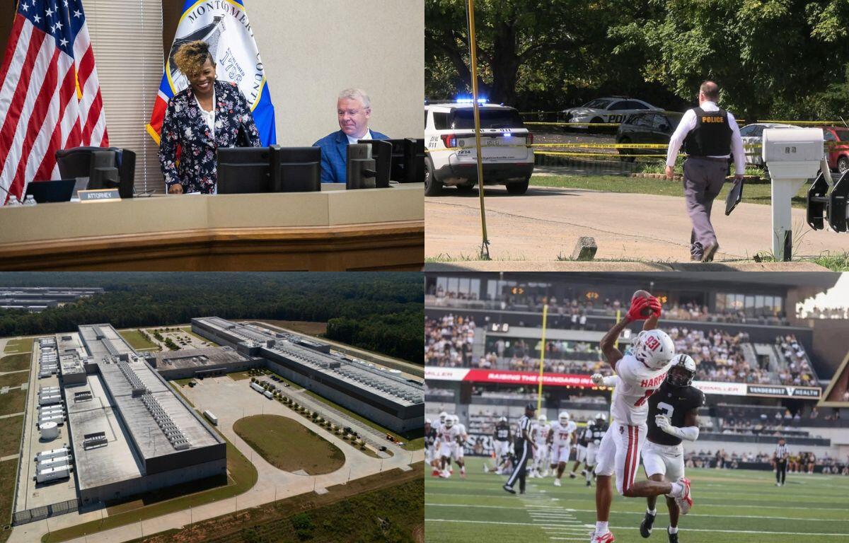 Clockwise from the top left, Montgomery County Commission, shooting on Fairview Lane, APSU's Denver Harper and data centers.