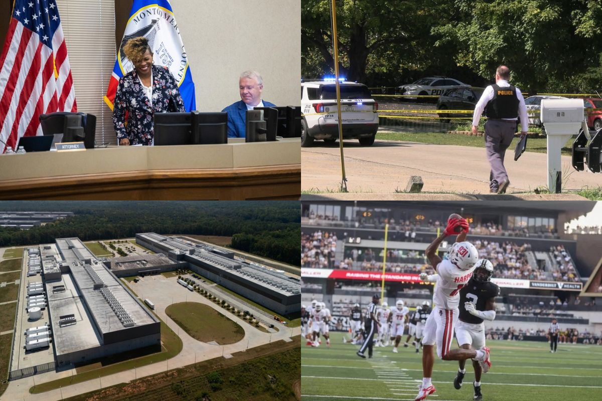 Clockwise from the top left, Montgomery County Commission, shooting on Fairview Lane, APSU's Denver Harper and data centers.