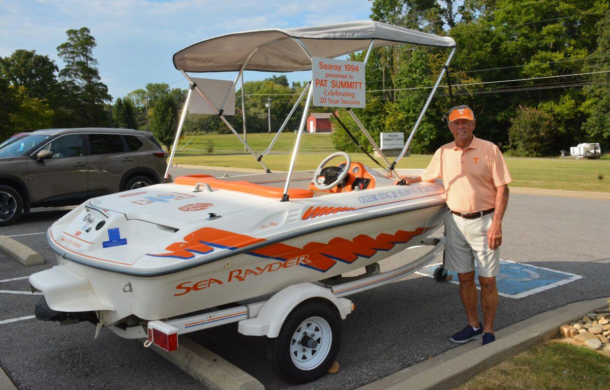 David Welch. Pat Summitt's cousin with her boat at the Fredonia Community Center on Sept. 10, 2026. (Lee Erwin)