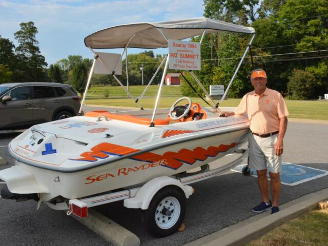 David Welch. Pat Summitt's cousin with her boat at the Fredonia Community Center on Sept. 10, 2026. (Lee Erwin)