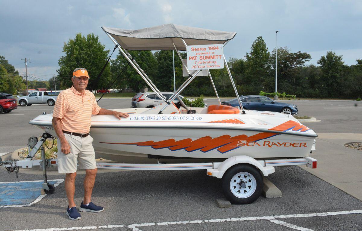 David Welch. Pat Summitt's cousin, with her boat at the Fredonia Community Center on Sept. 10, 2026. (Lee Erwin)