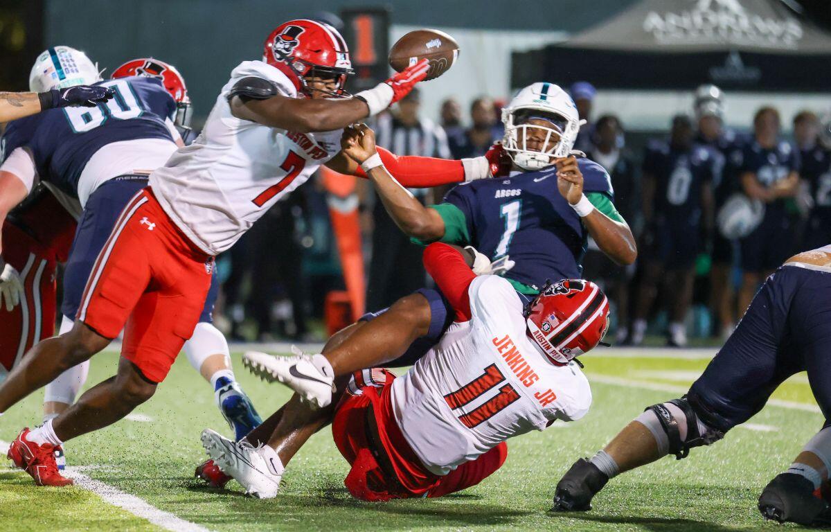 Austin Peay's defense sacks West Florida quarterback Ty'ray Davis on September 19, 2026. (APSU Athletics, Knox Rives)