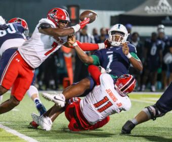 Austin Peay's defense sacks West Florida quarterback Ty'ray Davis on September 19, 2026. (APSU Athletics, Knox Rives)