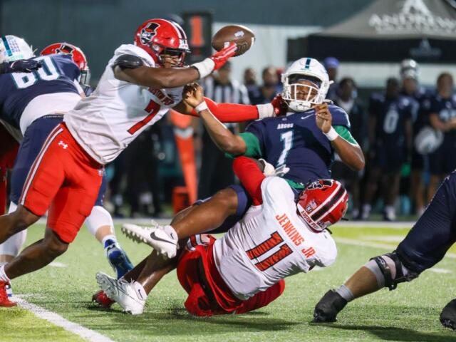Austin Peay's defense sacks West Florida quarterback Ty'ray Davis on September 19, 2026. (APSU Athletics, Knox Rives)