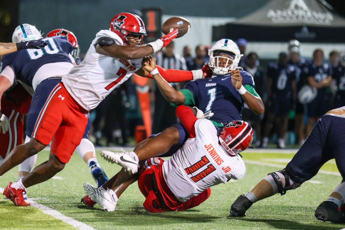 Austin Peay's defense sacks West Florida quarterback Ty'ray Davis on September 19, 2026. (APSU Athletics, Knox Rives)