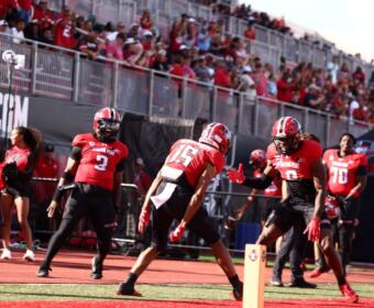 Austin Peay's offense celebrates after scoring against Morehead State on September 12, 2026. (APSU Athletics, Contributed).