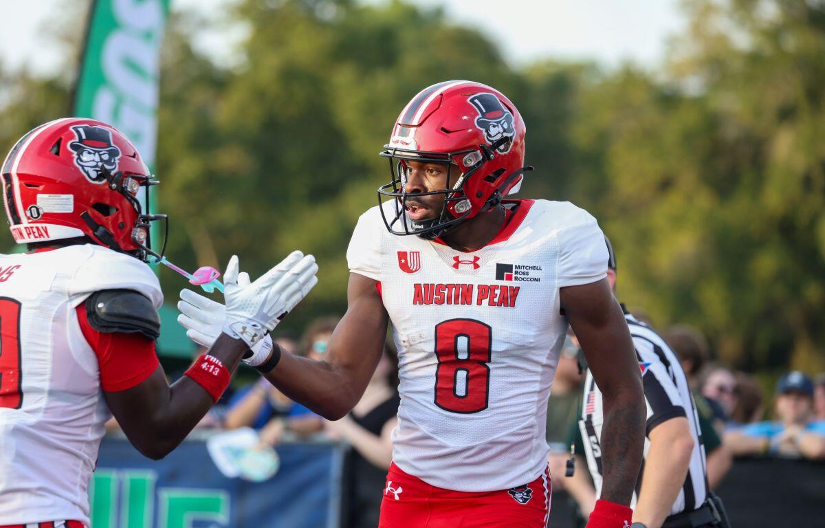 Austin Peay's Jaden Robinson celebrates after scoring a touchdown against West Florida on September 19, 2026. (APSU Athletics, Knox Rives).