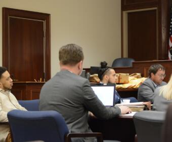 Quantavious Golliday, tan shirt, and Curtis Solberg, blue shirt, at the Montgomery County Courts Center on Oct. 21, 2026. (Jazmin Logan)