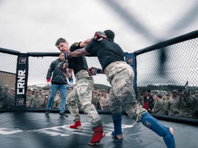 Soldiers assigned to the 3rd Brigade Combat Team, 101st Airborne Division, participate in a combatives fight night at Fort Campbell on Oct. 16, 2026. (Army Capt. Jennifer French, contributed)