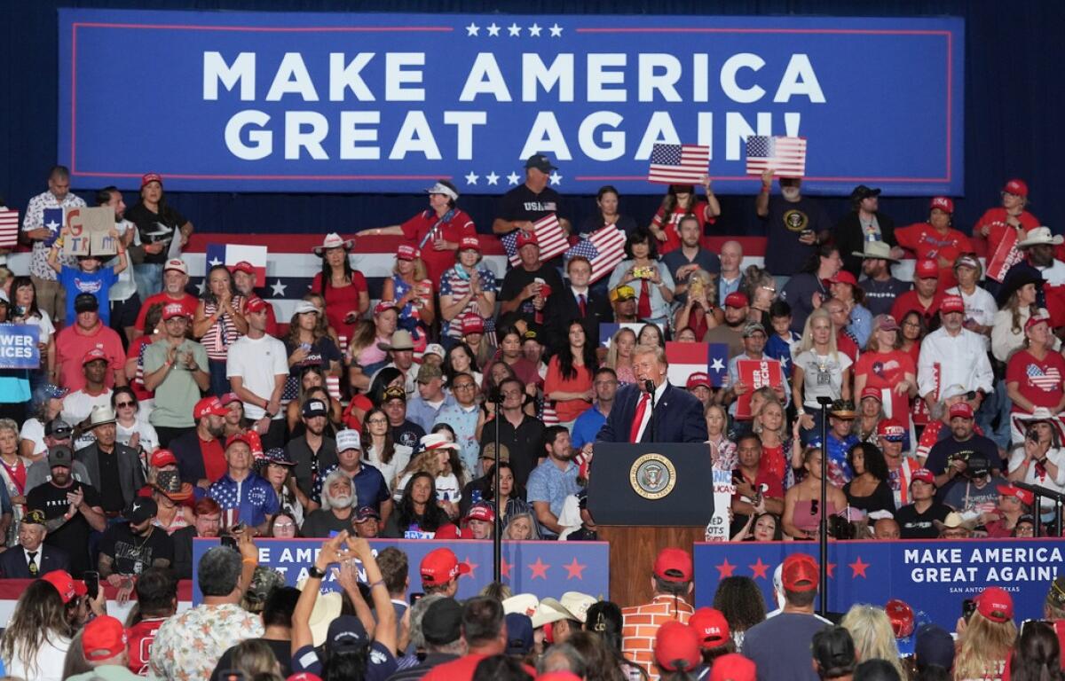 President Donald Trump at a campaign rally at the Freeman Coliseum in San Antonio, Wednesday, Oct. 7, 2026. (AP Photo/Eric Gay)
