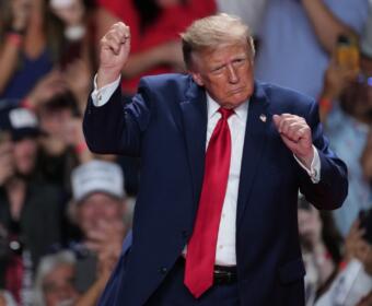 President Donald Trump dances at a campaign rally at the Freeman Coliseum in San Antonio, Wednesday, Oct. 7, 2026. (AP Photo/Eric Gay)
