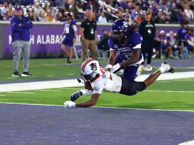 Denver Harper in the end zone as Austin Peay State University plays North Alabama on Oct. 24, 2026. (Spencer Smith, APSU Athletics)