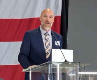 Clarksville mayor candidate Brian Zacharias speaks at the Clarksville Industrial Association meeting on May 7, 2026. (Chris Smith)