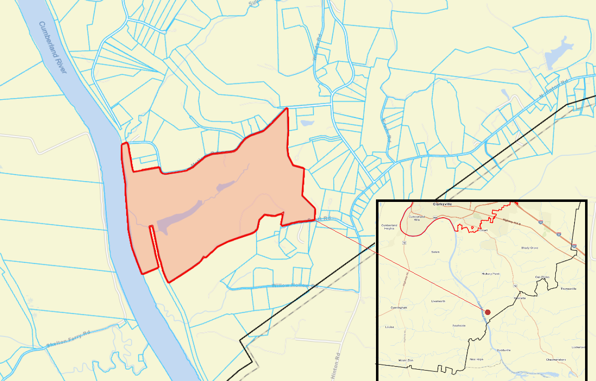 Land donated for a new Montgomery County Park. At left is the Cumberland River. The dark black line is the county border with Cheatham County. Along the north side of the property is Matlock Road. At the south is the current greenway, owned by the county. (MC property records)