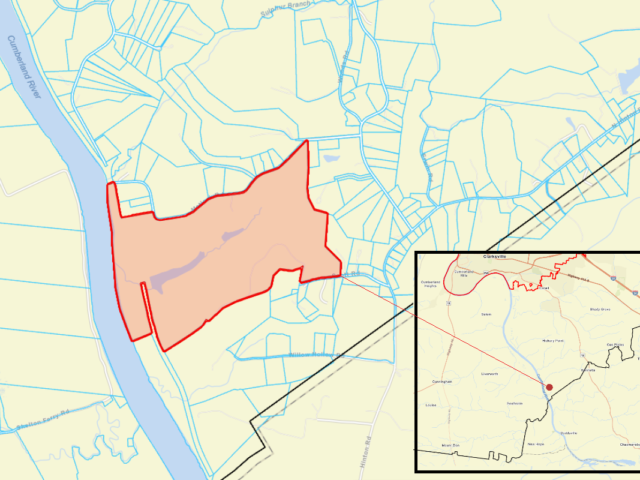 Land donated for a new Montgomery County Park. At left is the Cumberland River. The dark black line is the county border with Cheatham County. Along the north side of the property is Matlock Road. At the south is the current greenway, owned by the county. (MC property records)
