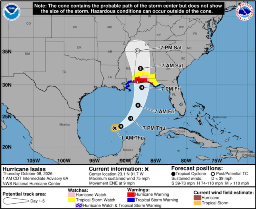 Projection for Hurricane Isaias' track through the Southeast, as of Oct. 8, 2026. (National Weather Service, contributed)