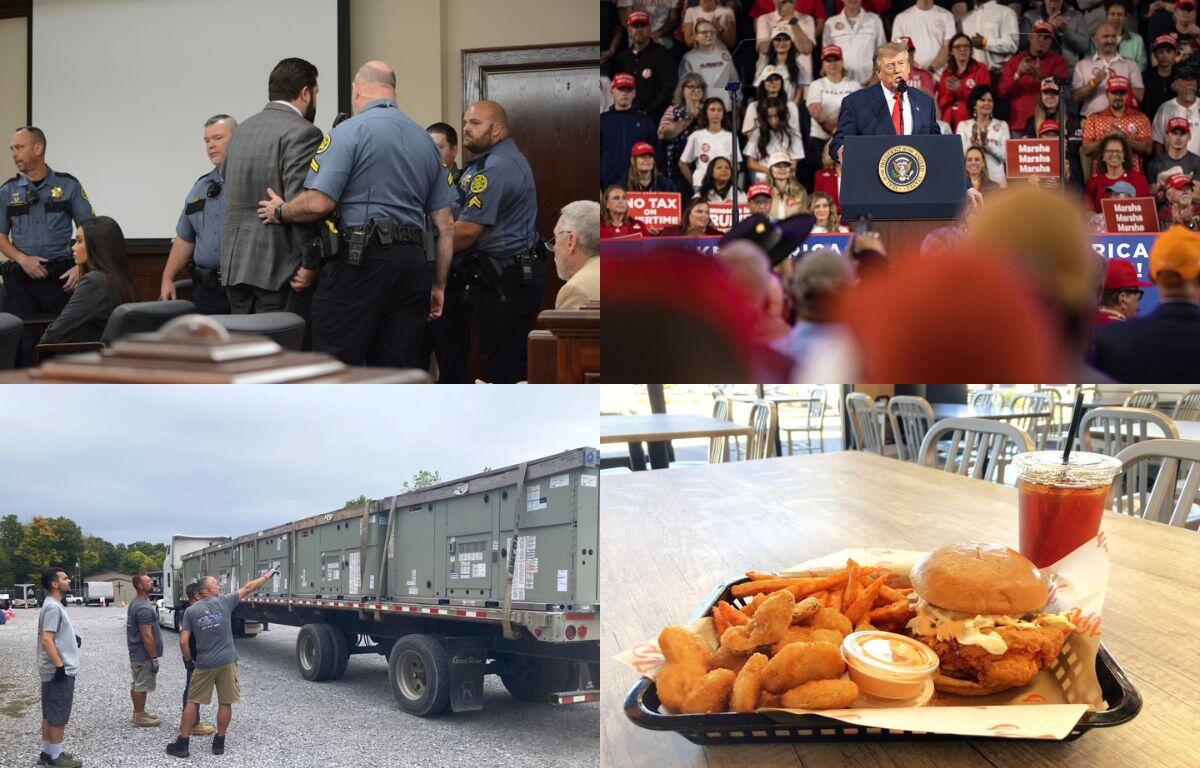 Clockwise from the top left, Konen conviction, Donald Trump in Clarksville, JP's Hot Chicken and Trane donates AC units.