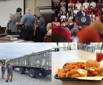 Clockwise from the top left, Konen conviction, Donald Trump in Clarksville, JP's Hot Chicken and Trane donates AC units.
