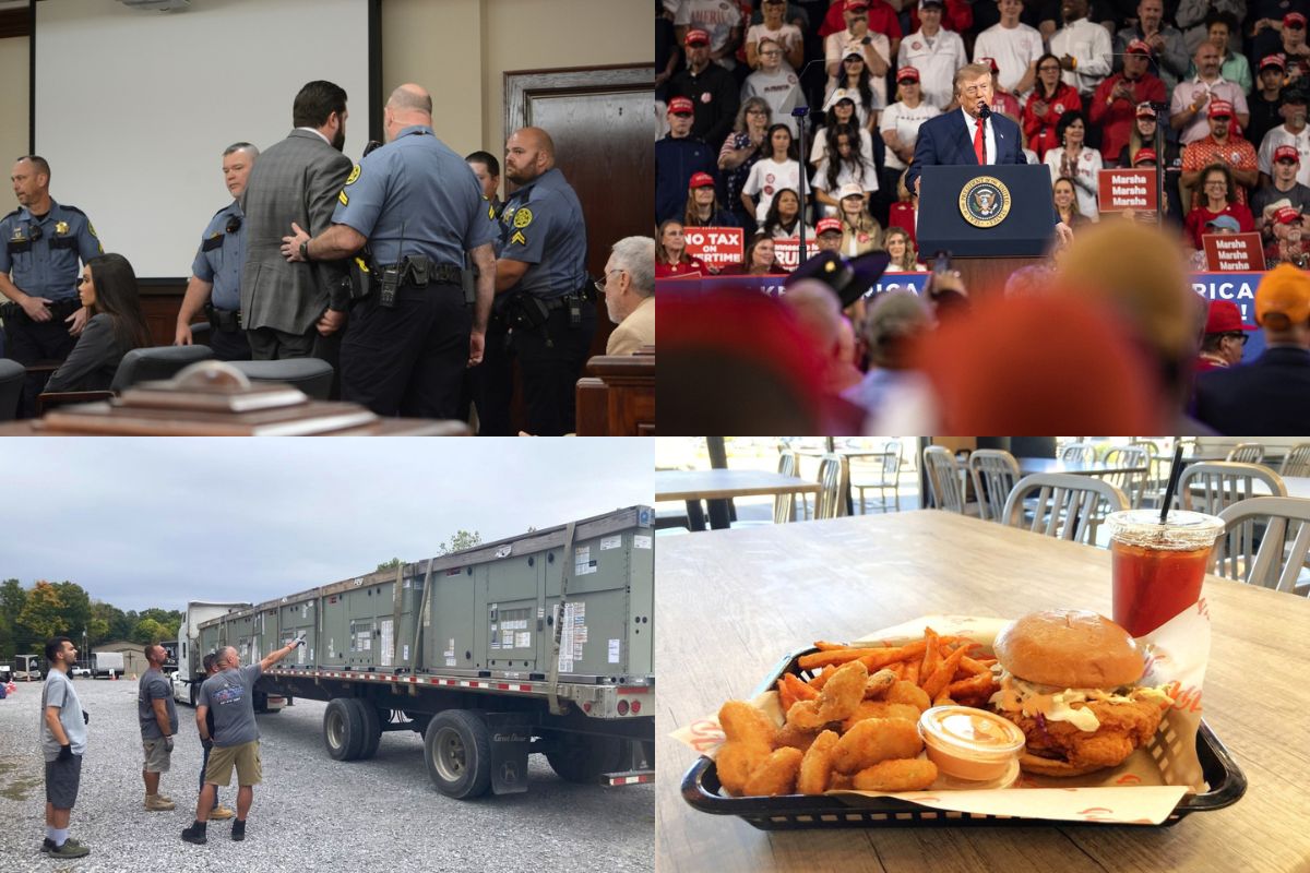 Clockwise from the top left, Konen conviction, Donald Trump in Clarksville, JP's Hot Chicken and Trane donates AC units.
