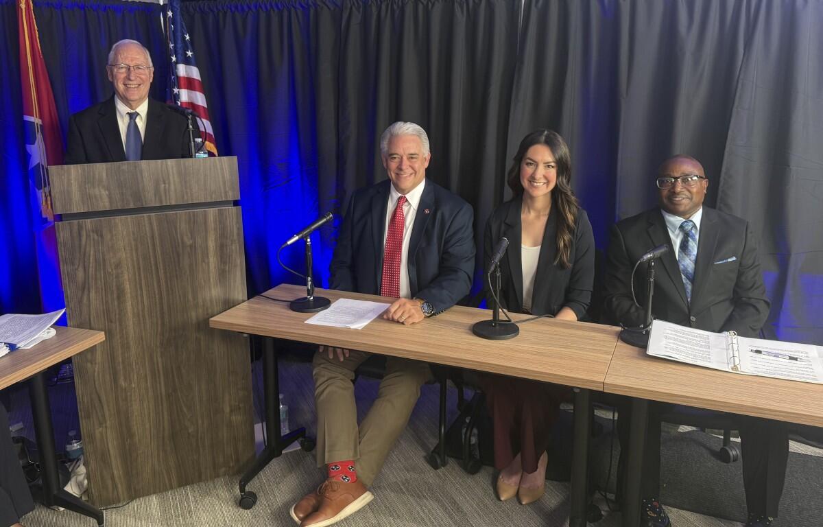 From the left, Van Stokes, Jay Albertia, Erin Yow and Oneal Wiggins at the Chamber of Commerce and Leadership Clarksville political forums on Oct. 5, 2026. (CMC EDC, contributed)