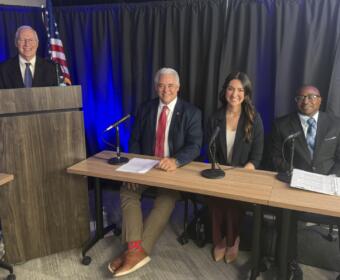 From the left, Van Stokes, Jay Albertia, Erin Yow and Oneal Wiggins at the Chamber of Commerce and Leadership Clarksville political forums on Oct. 5, 2026. (CMC EDC, contributed)