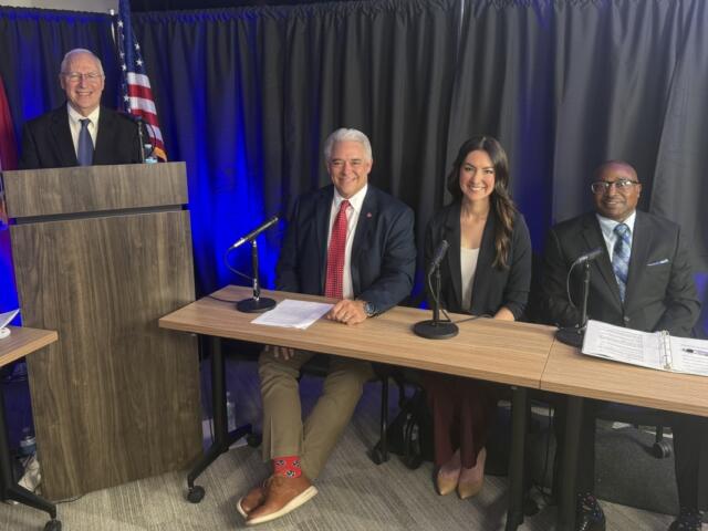 From the left, Van Stokes, Jay Albertia, Erin Yow and Oneal Wiggins at the Chamber of Commerce and Leadership Clarksville political forums on Oct. 5, 2026. (CMC EDC, contributed)