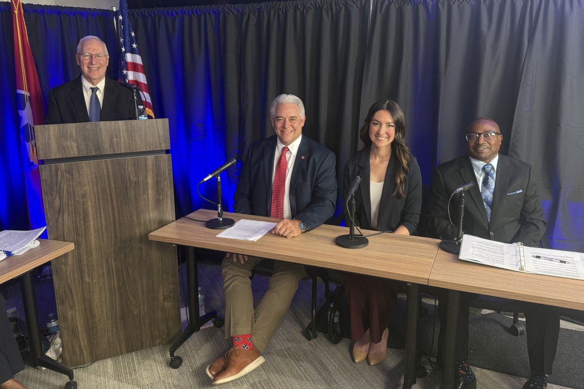 From the left, Van Stokes, Jay Albertia, Erin Yow and Oneal Wiggins at the Chamber of Commerce and Leadership Clarksville political forums on Oct. 5, 2026. (CMC EDC, contributed)