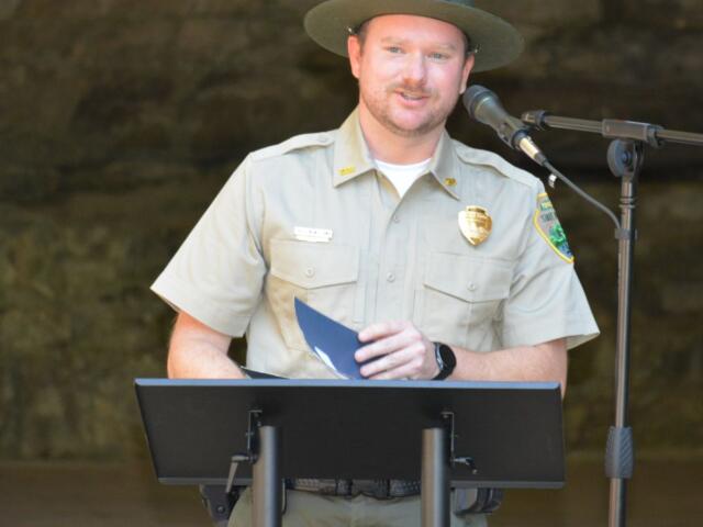 Tennessee State Park Ranger Preston Williams at the Meet the Manager event oat Dunbar Cave State Park on Oct, 7, 2026. (Lee Erwin)