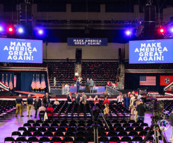 Crews prepare ahead of President Donald Trump's midterm rally at F&M Bank Arena in Clarksville, TN, on Oct. 10, 2026. (Wesley Irvin, Clarksville Now)