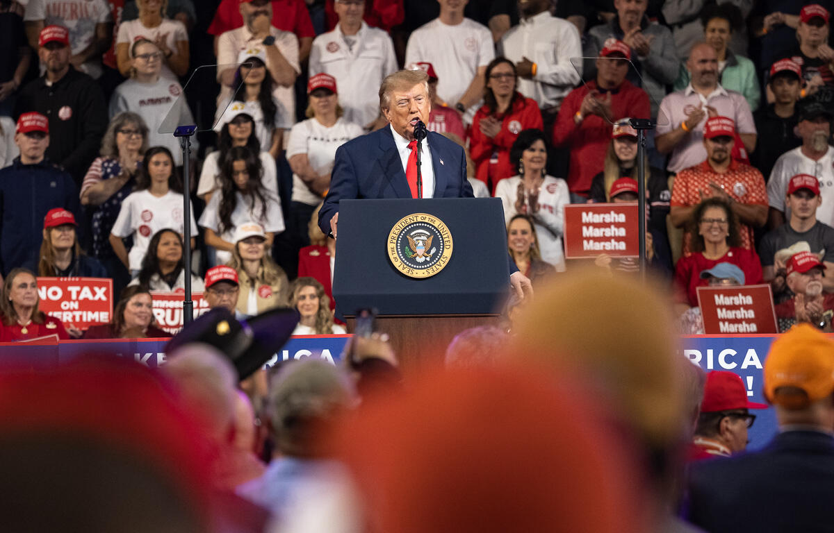 President Donald Trump speaks at a midterm rally at F&M Bank Arena in Clarksville, TN, on Oct. 10, 2026. (Wesley Irvin, Clarksville Now)