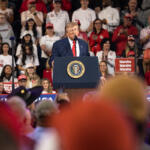 President Donald Trump speaks at a midterm rally at F&M Bank Arena in Clarksville, TN, on Oct. 10, 2026. (Wesley Irvin, Clarksville Now)