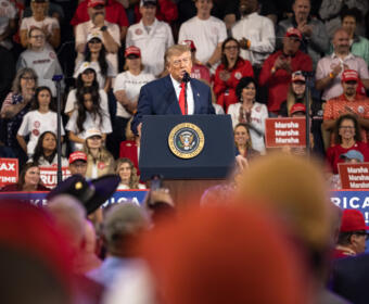 President Donald Trump speaks at a midterm rally at F&M Bank Arena in Clarksville, TN, on Oct. 10, 2026. (Wesley Irvin, Clarksville Now)