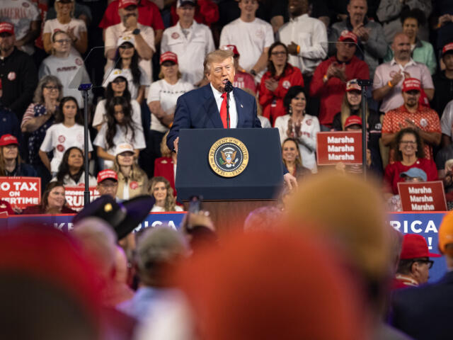 President Donald Trump speaks at a midterm rally at F&amp;M Bank Arena in Clarksville, TN, on Oct. 10, 2026. (Wesley Irvin, Clarksville Now)