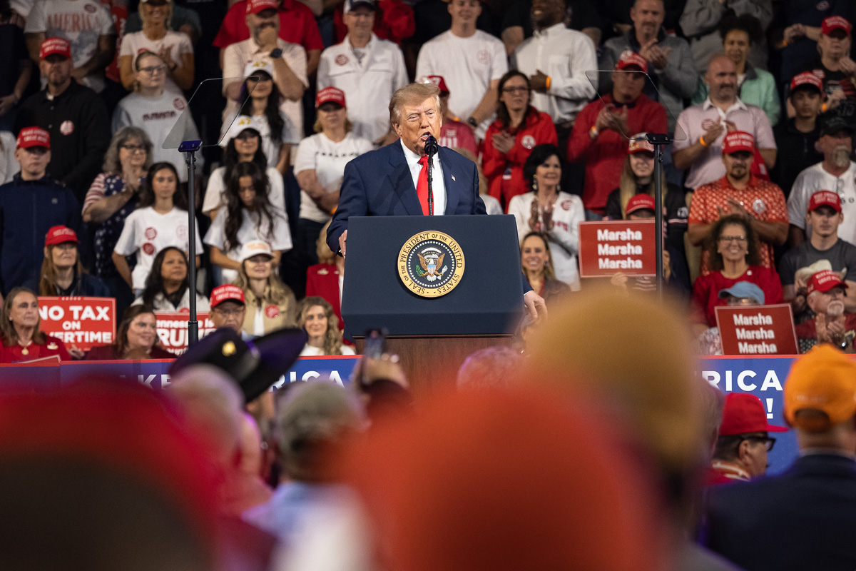 President Donald Trump speaks at a midterm rally at F&M Bank Arena in Clarksville, TN, on Oct. 10, 2026. (Wesley Irvin, Clarksville Now)