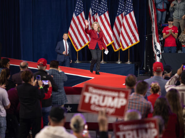 Sen. Marsha Blackburn at President Donald Trump's midterm rally at F&amp;M Bank Arena in Clarksville, TN, on Oct. 10, 2026. (Wesley Irvin, Clarksville Now)