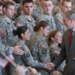 President Bush shakes hands with soldiers at Fort Campbell, Ky. during a visit on Nov. 25, 2008. (U.S. Army photo)