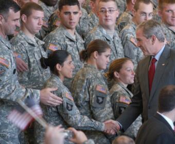 President Bush shakes hands with soldiers at Fort Campbell, Ky. during a visit on Nov. 25, 2008. (U.S. Army photo)