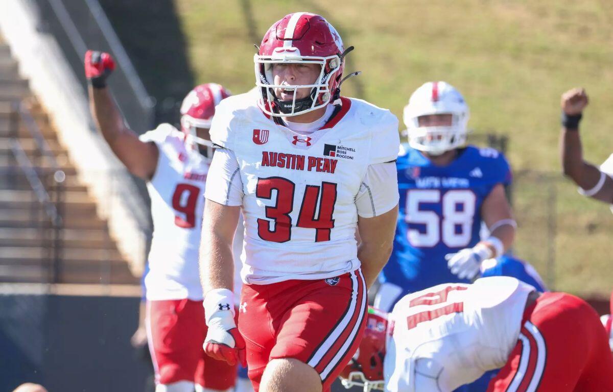 Austin Peay's defense celebrates after getting a stop against West Georgia on Saturday, October 17, 2026. (Knox Rives, APSU Athletics).