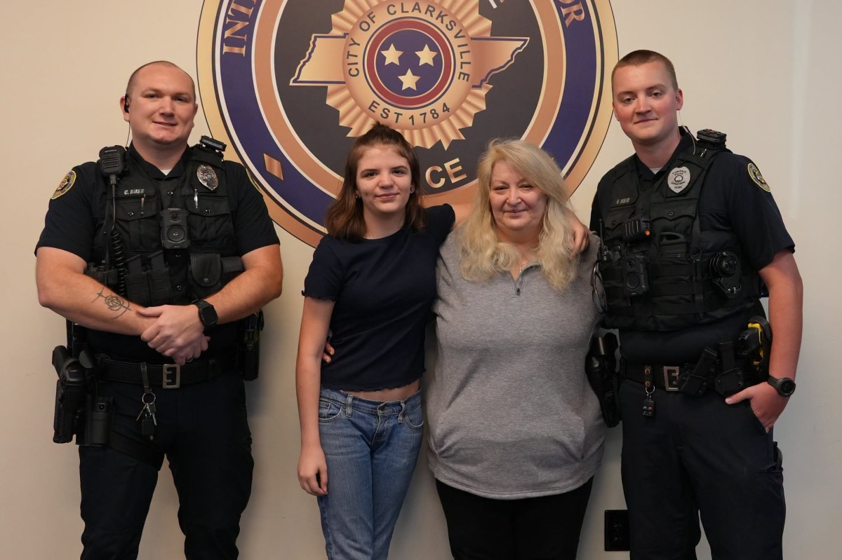 From the left, Clarksville Police Officer Christopher Bush, Macy Ray, Paula Bamford and Officer Hunter Mead. (CPD, contributed)