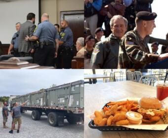 Clockwise from the top left, Konen conviction, George W. Bush at Fort Campbell, JP's Hot Chicken and Trane donates AC units.