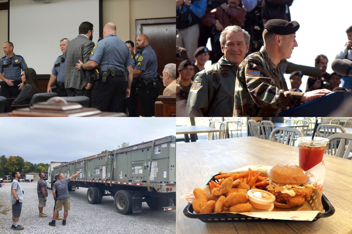 Clockwise from the top left, Konen conviction, George W. Bush at Fort Campbell, JP's Hot Chicken and Trane donates AC units.